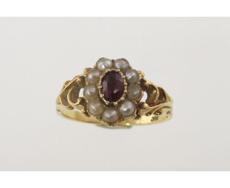 A Victorian 18ct ruby & pearl cluster ring H/M Birmingham 1854, engraved "Isaac Marshall, Ob.July 10 1854, Oet75" approx 3.9g
