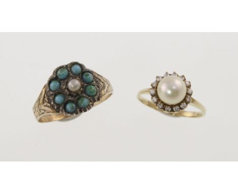 A modern 9ct pearl & diamond cluster ring together with a Victorian turquoise cluster ring, unmarked (2)