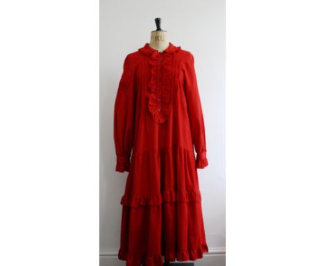 A vintage 1970s VERONICA by REMBRANT brushed woven wool and cotton by VIYELLA red dress. Featuring frilled sleeves, collar an