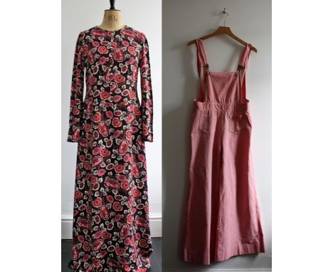 Two vintage items from the 1970s. A rare pair of pink flared 1970s dungarees. Good condition would improve with cleaning. Siz