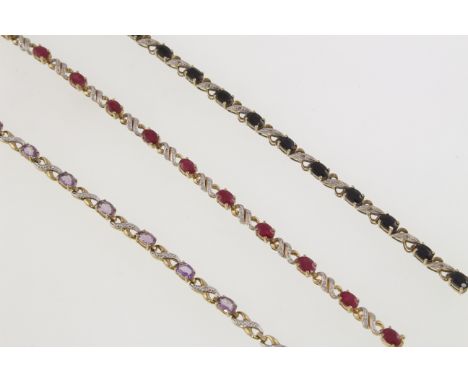 Three similar 9ct ruby/sapphire/amethyst & diamond set bracelets, total weight approx 21gms