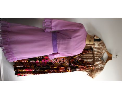 A trio of 1960s dresses including a lilac CALIFORNIA evening/cocktail dress with frilled hem and sleeves, Features a velvet f