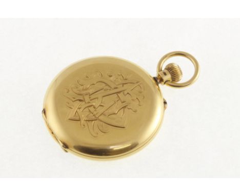 An 18ct full-hunter pocket watch with working unsigned movement & uncracked enamel dial, monogram & case back inscription, H/