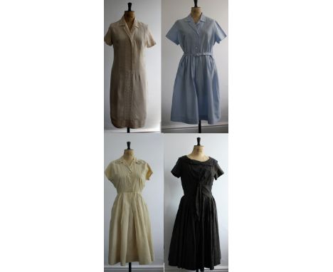 A collection of 4 ladies 1950s dresses.1 x 1950s PETER ROBINSON raw silk day dress with embroidery. Size waist 28 inch. Few m