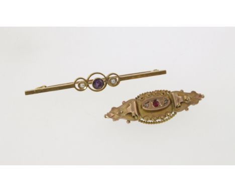 An Edwardian amethyst & pearl bar brooch marked 15ct, approx 3.8gms together with a 9ct stone set brooch, H/M Chester 1909 (2