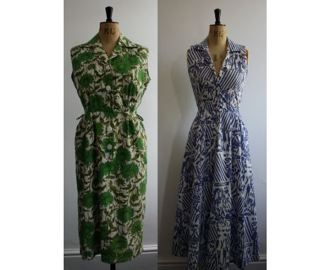 Two vintage summer cotton dresses. A 1950s green tropical print shirtwaister dress. Great condition (belt missing). Waist mea