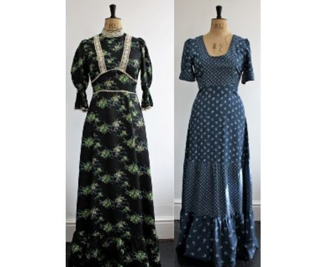 A pair of late 1960s maxi dresses.1 x Black and green abstract floral print prairie dress with high neck, fluted sleeves and 