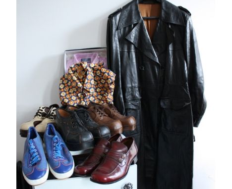 An amazing collection of rare vintage 1970s menswear and platform shoes. Comprising of:A 1970s black leather, men's trench co