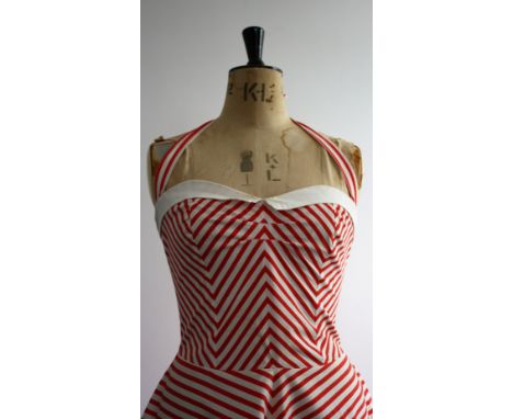 1970s summer red stripe sun dress. Fifites style with halter-neck, elasticated, smocked back,circle skirt and patch pockets. 