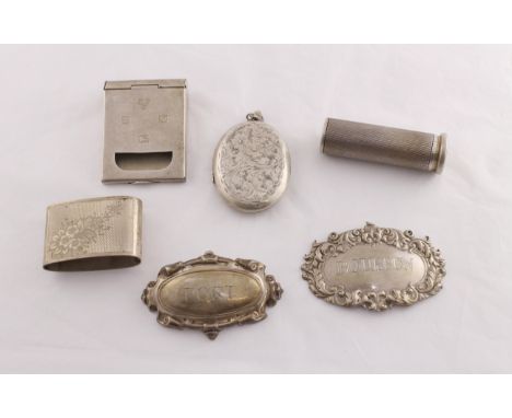 Silver items to include two wine labels, matchbook cover, lipstick holder, engraved oval locket & lighter sleeve, together ap