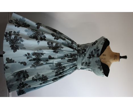 1950s HORROCKSES collectable cotton print ballgown. Featuring off shoulder design, full gathered skirt and matching sash belt