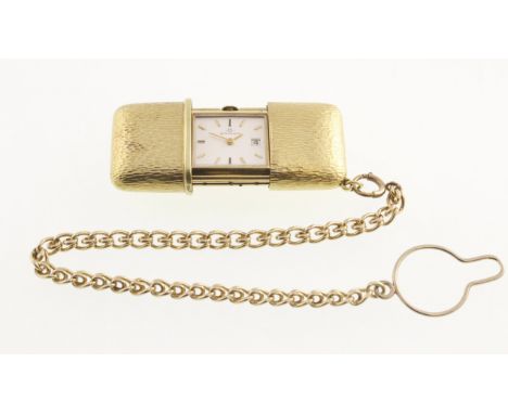 A MOVADO gold-plated Purse watch with working manual wind movement & attached watch chain marked 9ct, with MOVADO box