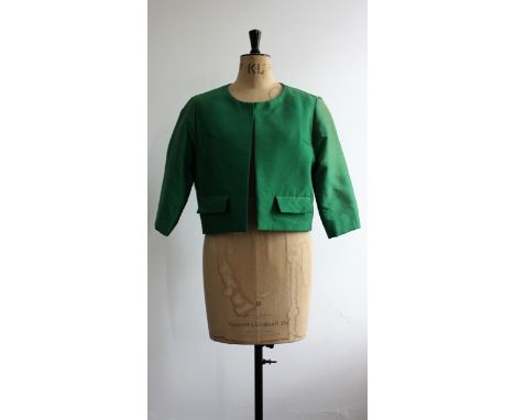 1950s CHRISTIAN DIOR - EUROPE emerald green twill, cropped jacket. Poor condition - fading, a few small holes and worn on sho