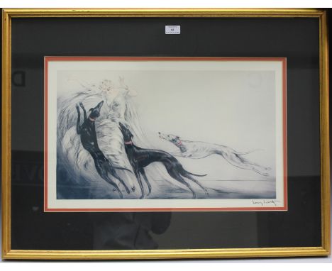 After Louis Icart - Coursing II, late 20th century colour print, 49cm x 40.5cm, within a gilt frame, together with four simil
