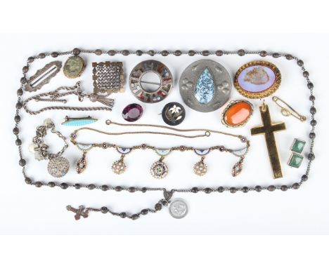 A small group of jewellery, including an Italian mosaic necklace with pendant drops, length 47cm (clasp lacking), a pair of s