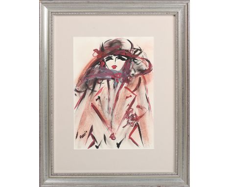 Continental School - Portrait of a Lady wearing a Wide-brimmed Hat, 20th century acrylic on paper, indistinctly signed, 29cmx