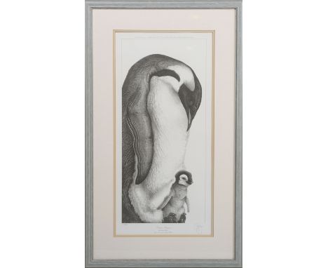 Gary Hodges - 'Emperor Penguins', 20th century monochrome print, signed and editioned 752/850 in pencil, 52cm x 24.5cm, toget