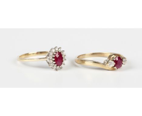 A 9ct gold ring, claw set with an oval cut ruby between two circular cut diamonds, ring size approx P, and a 9ct gold, ruby a