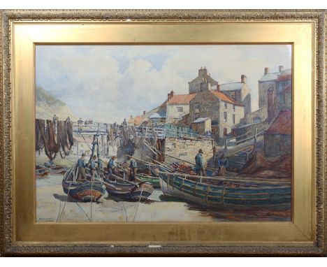 W.H. Wilkinson - Fishermen inspecting Nets in Boats at Staithes, early 20th century watercolour, signed, 69cm x 100cm, within