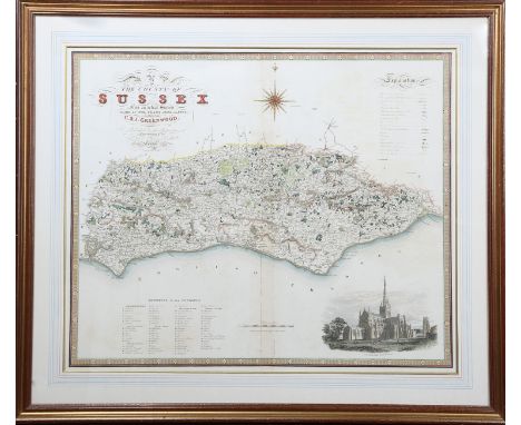 C. &amp; J. Greenwood - 'Map of the County of Sussex', engraving with later hand-colouring in outline, published 1829, 58.5cm