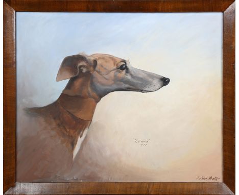 Ashton Booth - 'Emma' (Portrait of a Whippet or Greyhound), oil on board, signed, titled and dated 1977 recto, inscribed vers