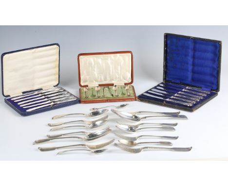 A George IV and later harlequin part canteen of silver Fiddle pattern cutlery, comprising two tablespoons, London 1823 and 18