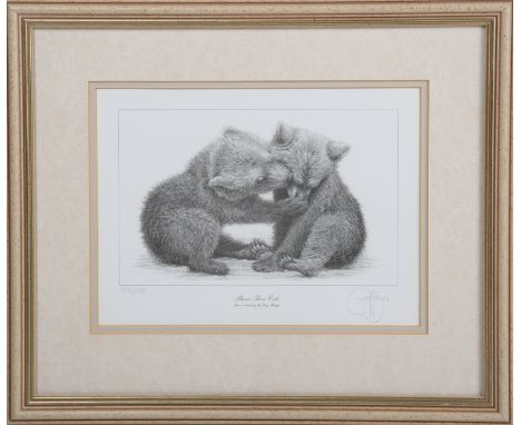 Gary Hodges - 'Brown Bear Cubs', 20th century monochrome print, signed and editioned 591/850 in pencil, 17.5cm x 23cm, togeth