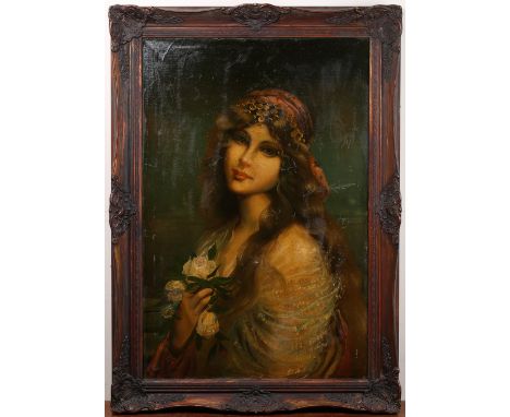 Continental School - Half Length Portrait of a Romany Woman wearing a Headscarf and holding Roses, late 20th century oil on c