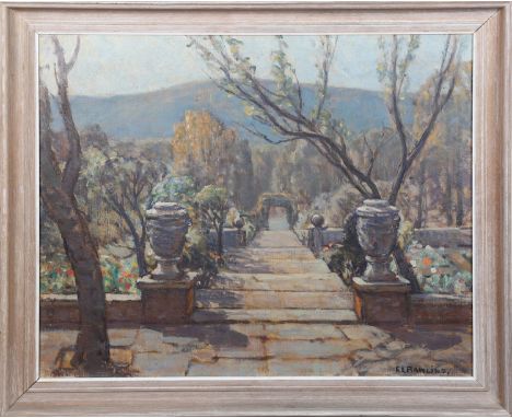 Ethel Louise Rawlins - A Garden Terrace below the South Downs, 20th century oil on canvas, signed recto, Bourlet label verso,