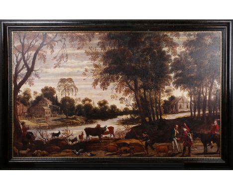 After David Teniers - Landscape with River, Animals and Figures, late 20th/early 21st century enhanced colour print on canvas