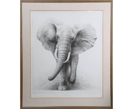 Gary Hodges - 'The Charge' (Bull African Elephant), 20th century monochrome print, signed and editioned 249/1250 in pencil, 7