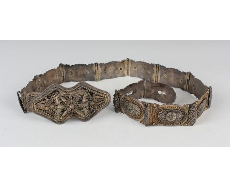 A 19th century Islamic Ottoman Empire silver filigree parcel gilt and niello belt with foliate filigree buckle, each lobed ov