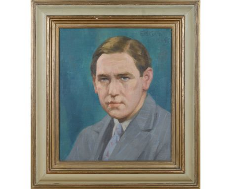 Edward Kenneth Center - Portrait of a Gentleman wearing a Tie and Pinstriped Jacket, oil on canvas, signed and dated 1945, 40