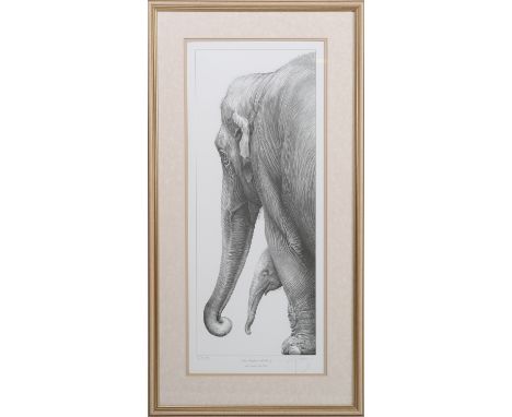 Gary Hodges - 'Asian Elephant with Young', 20th century monochrome print, signed and editioned 806/850 in pencil, 61.5cm x 25