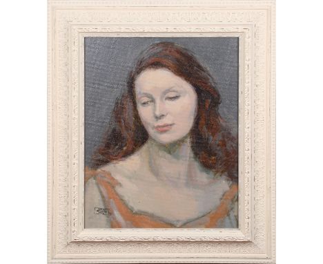 Nicholas Egon - Head and Shoulders Portrait of a Young Woman, 20th century oil on board, studio stamp recto, 44.5cm x 34.5cm,