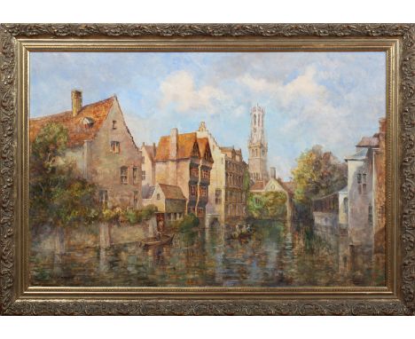 M.J. Rendall - View of the Quay of the Rosary (Rozenhoedkaai), Bruges, 20th century oil on panel, signed, 50cm x 75.5cm, with