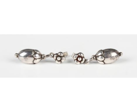 A pair of Georg Jensen silver acorn pattern pendant earrings, post-1945, detailed '4 Georg Jensen 925', with post and butterf