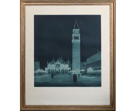 Claude Francis Barry - St Mark's Square with St Mark's Basilica and the Campanile, Venice, early 20th century etching with aq