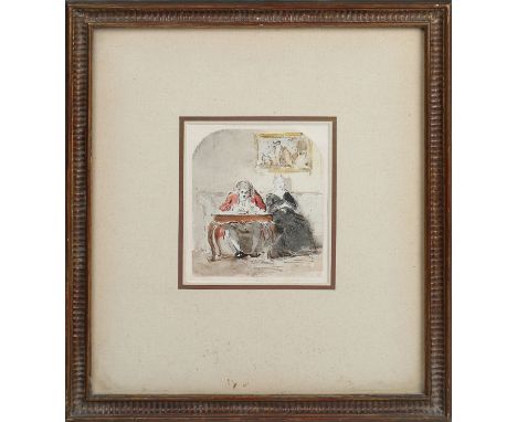 Charles Robert Leslie - A Gentleman and Lady seated on a Sofa, 19th century ink with watercolour, Colnaghi label verso, 12cm 