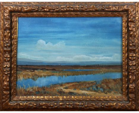 Winifred Wilson - 'The Lake in the Hills', oil on board, signed recto, titled verso, 34cm x 44cm, within a gilt composition f