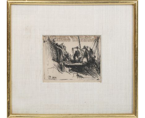 Pietro Annigoni - Figures at Work, 20th century etching on wove paper, signed in pencil, 7cm x 9cm, within a gilt frame, toge