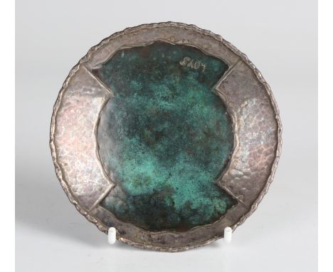 A French Loys of Paris plated circular pin tray, the centre decorated with verdigris panel and detailed 'Loys' within a hamme