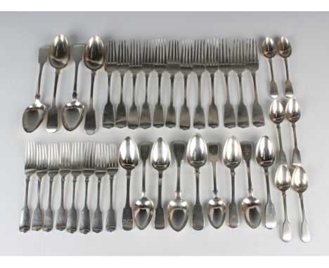 A Victorian harlequin part canteen of silver Fiddle pattern cutlery, comprising four tablespoons, London 1847 by Elizabeth Ea