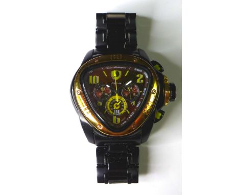 A modern Tonino Lamborghini Spyder gentleman's chronograph wristwatch, black steel case, gold coloured bezel, triangular dial