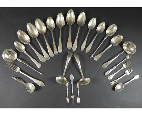 A group of Danish silver flatware, comprising two pieces of Sterling silver, a caddy spoon with looped fruit handle, Christia