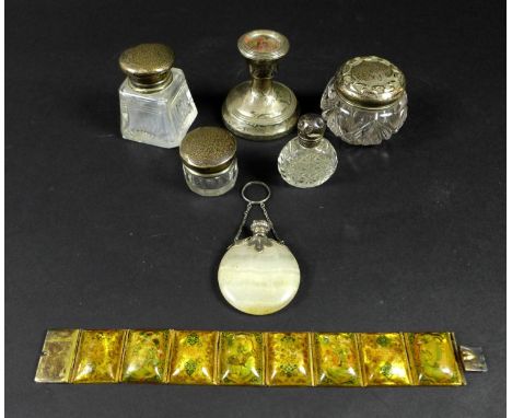 A group of eight silver and decorative items, comprising a small white metal topped agate flask, 4.2 by 0.8 by 5.2cm, an Indo