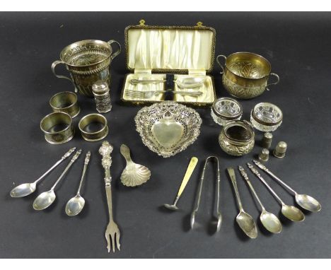 A group of silver items, including a Victorian twin handled Christening cup with gadrooned decoration, Walker & Hall, Sheffie