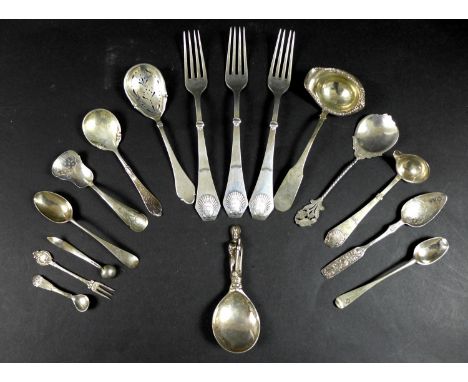A collection of Danish and English silver flatware, including a 19th century Danish 830 grade silver caddy spoon with apostle