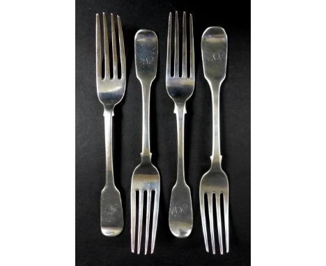 Four George IV silver table forks, all with 'A N' monograms, two by Patrick Leonard, Sheffield, 1839, a single fork, William 