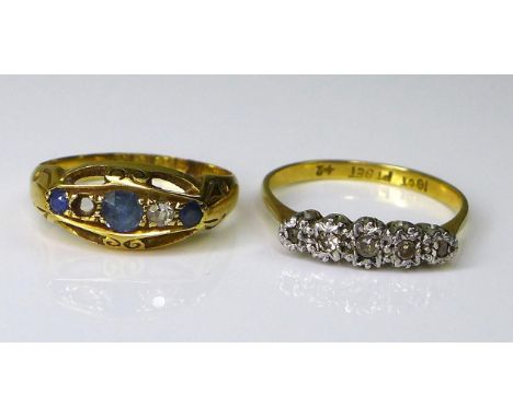 An 18ct gold and diamond five stone ring, size O, 2.1g, together with an 18ct gold, sapphire and diamond ring, a/f one diamon